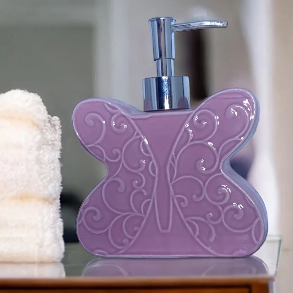 Matt & Maddie Butterfly Soap Lotion Dispenser Embossed 3D Floral Ceramic Pink